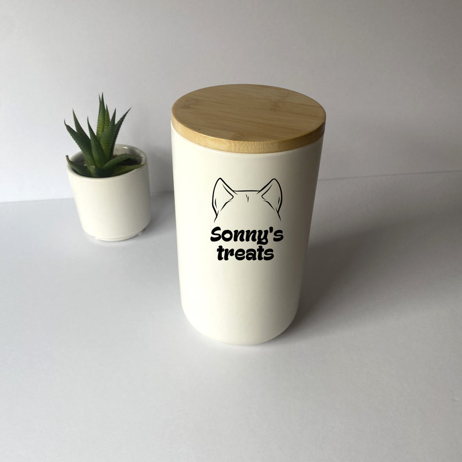 Personalized Dog Treat Jar with Dog Ears | White Custom Treat Canister
