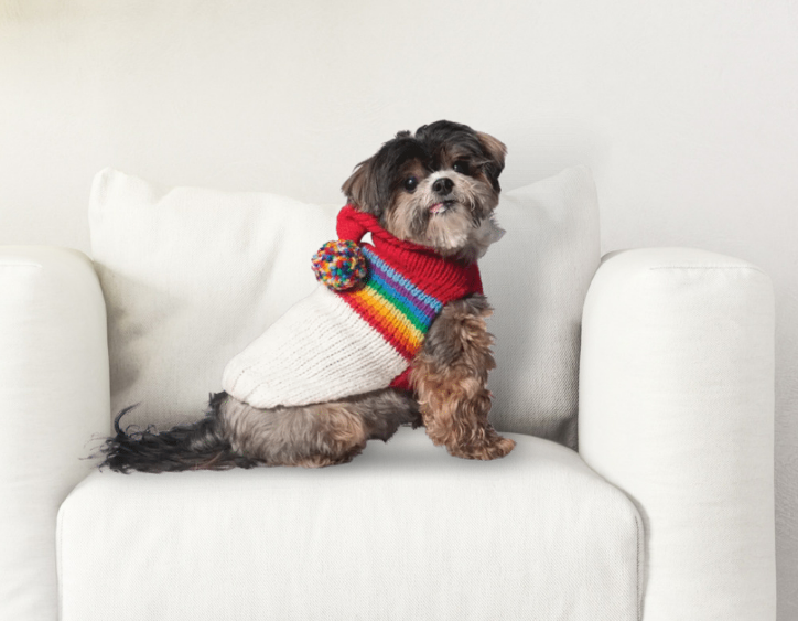 Warm dog sweater with hood, Rainbow colors, side view showing fit around arms and back.