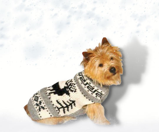 black and white dog sweater for Christmas, side view