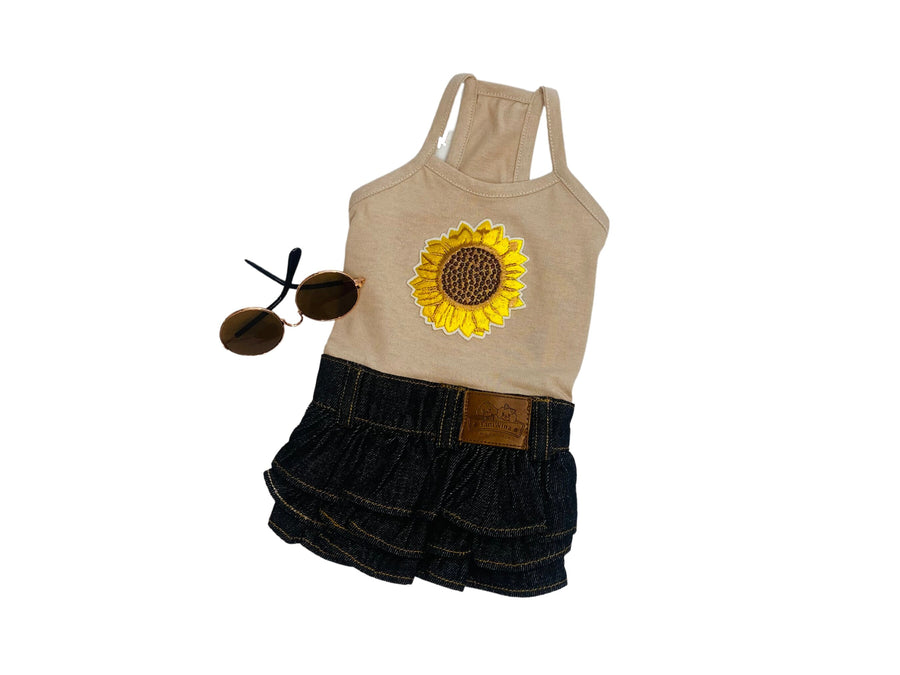 Denim Dress for Dog for Small Pet with Sunflower
