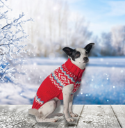 Red Dog sweater with turtleneck, showing side view.